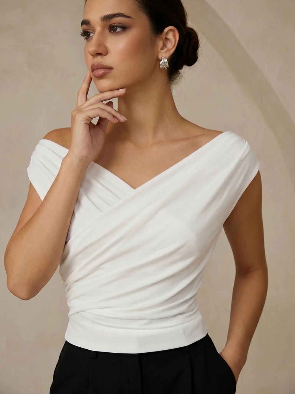 Commense Asymmetric Neckline Ruched Blouse